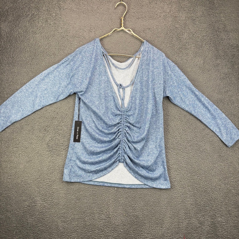 Doe & Rae Blue Heathered Ruched Front Strappy Open Back Top Small NEW